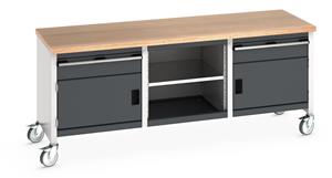 Bott Cubio Mobile Storage Workbench 2000mm wide x 750mm Deep x 840mm high supplied with a Multiplex (layered beech ply) worktop,2 x 150mm high drawers, 2 x 350mm high integral storage cupboards and 1 x mid section with full depth adjustable mid shelf.... 2000mm Width Mobile Industrial Storage Bench with cupboards & Drawers